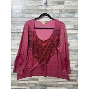 Women’s One World Shirt Embroidered Sleeves Pink Red Plus Size 3X